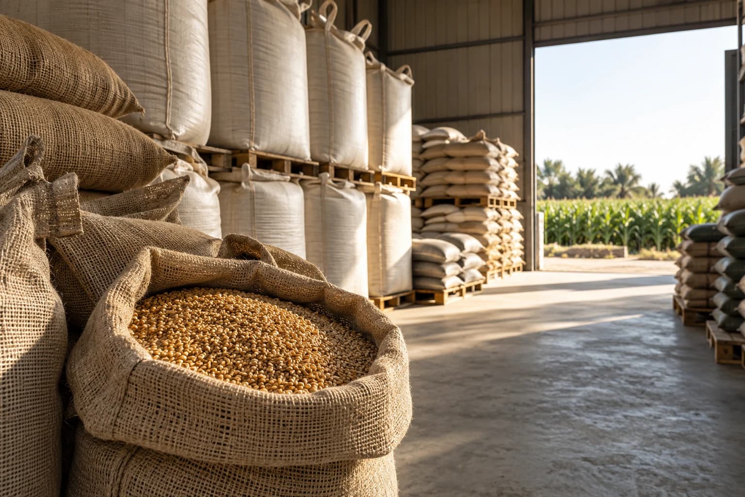 Woven sacks of grain and agricultural materials stored in a sunlit warehouse